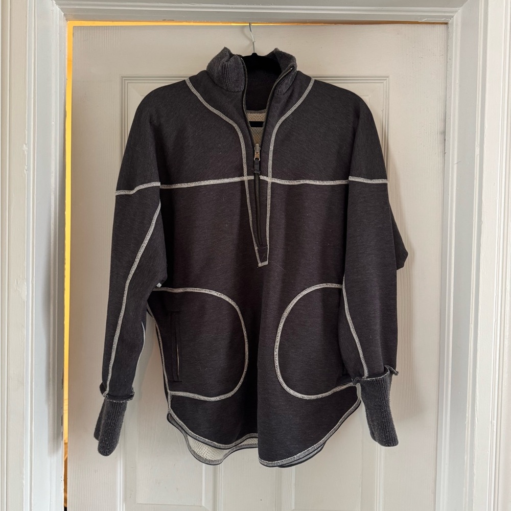 Free People  Charcoal Grey Cream Pullover Sweater with Contrast Stitching